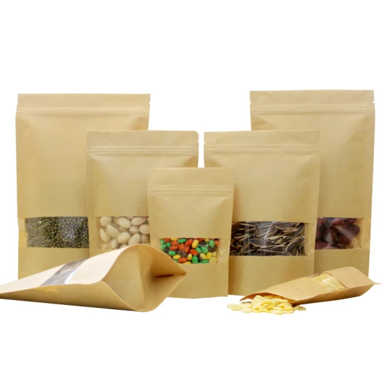 Bolsas marrones con embalaje de alimentos, ventana biodegradable, productos horneados al por mayor, café, botella negra, caja inferior, bolsa de papel Kraft artesanal