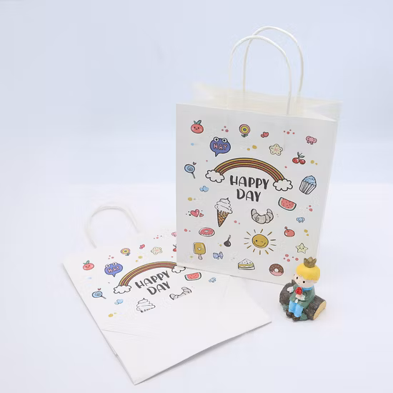 Bolsas de papel kraft marrón/blanco de regalo de compras de arte promocional impresas recicladas personalizadas con mango torcido